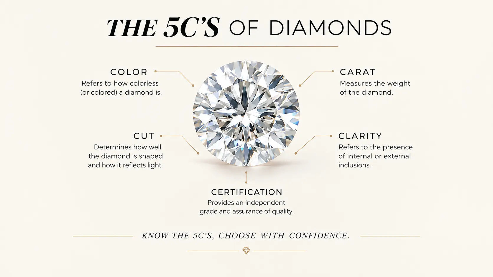 The 5 Cs of Diamonds: Cut, Color, Clarity, Carat & Certificate