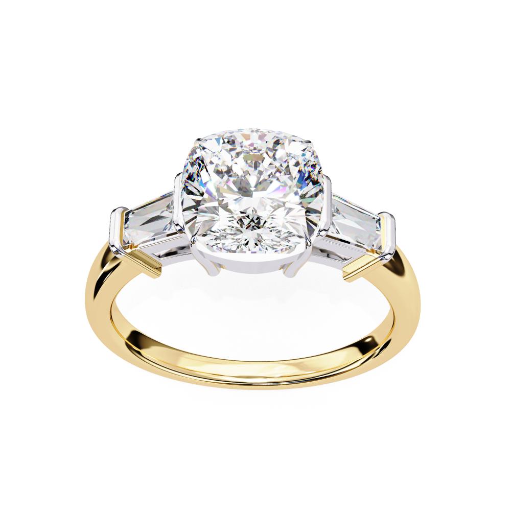 Cushion with Baguette Three Stone Engagement Ring
