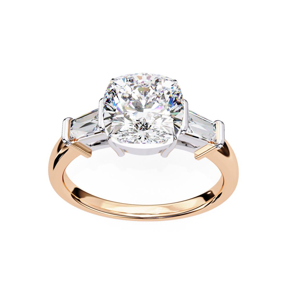 Cushion with Baguette Three Stone Engagement Ring