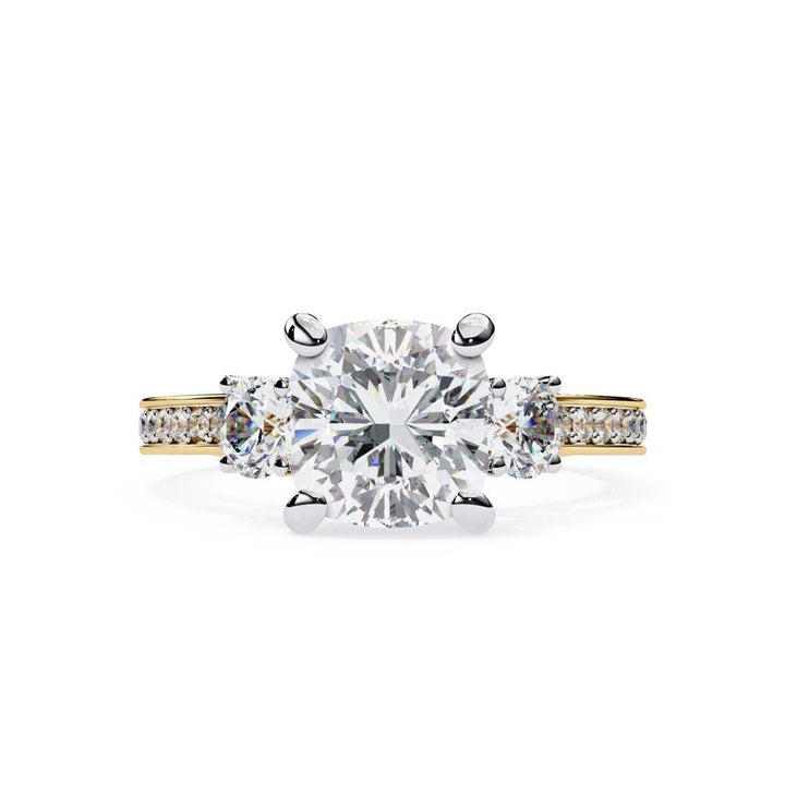Cushion Three Stone with Studded Shank Engagement Ring