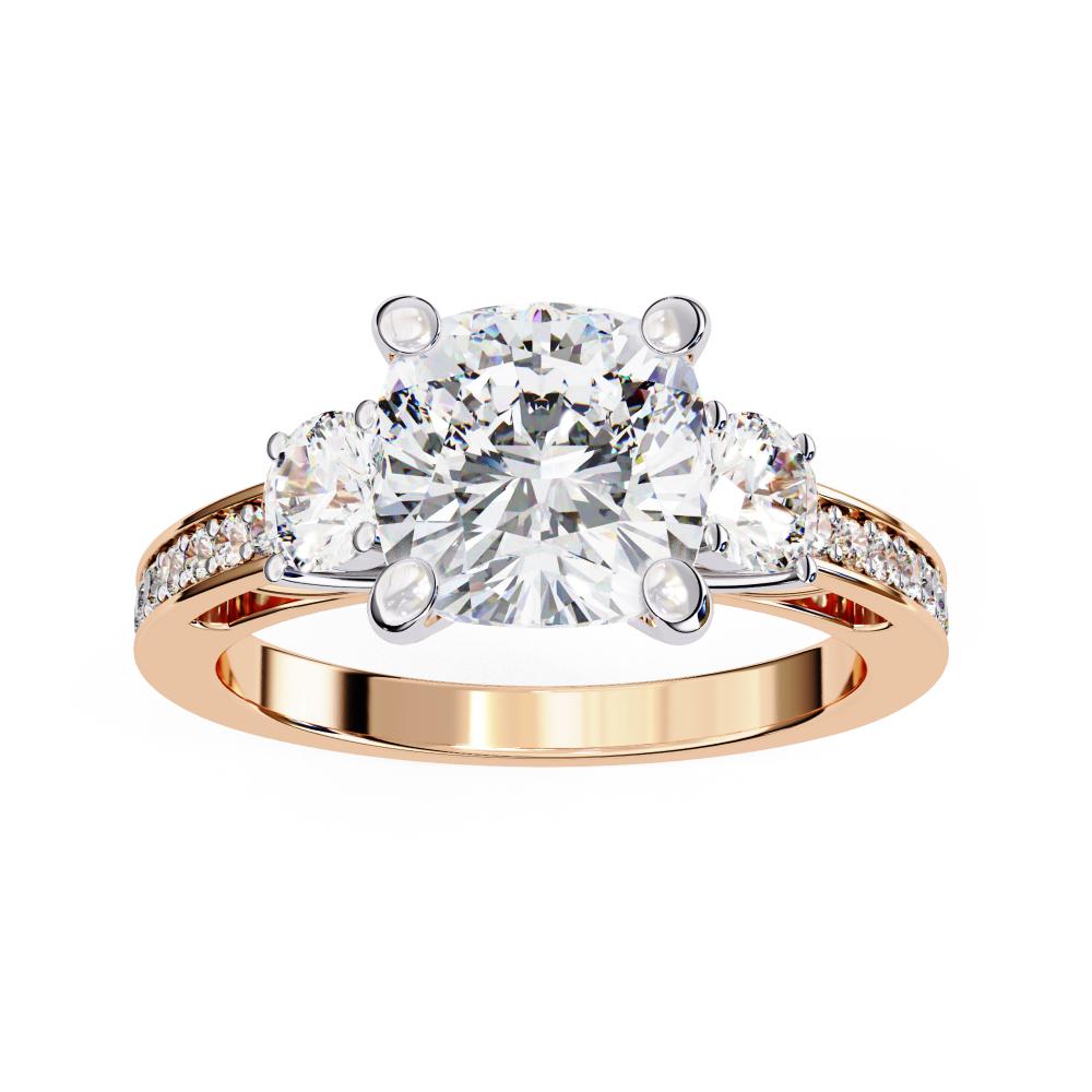 Cushion Three Stone with Studded Shank Engagement Ring