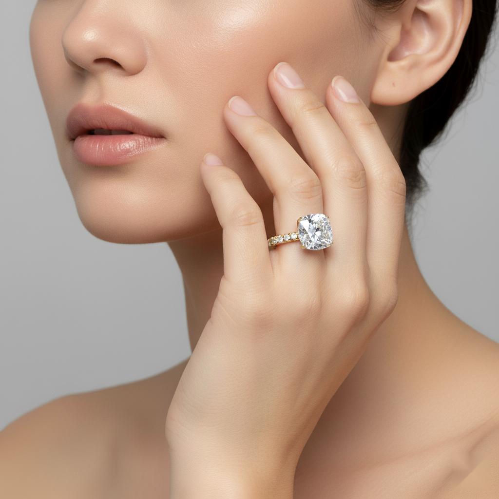 Cushion Double Claw Prong With Pave Band Engagement Ring