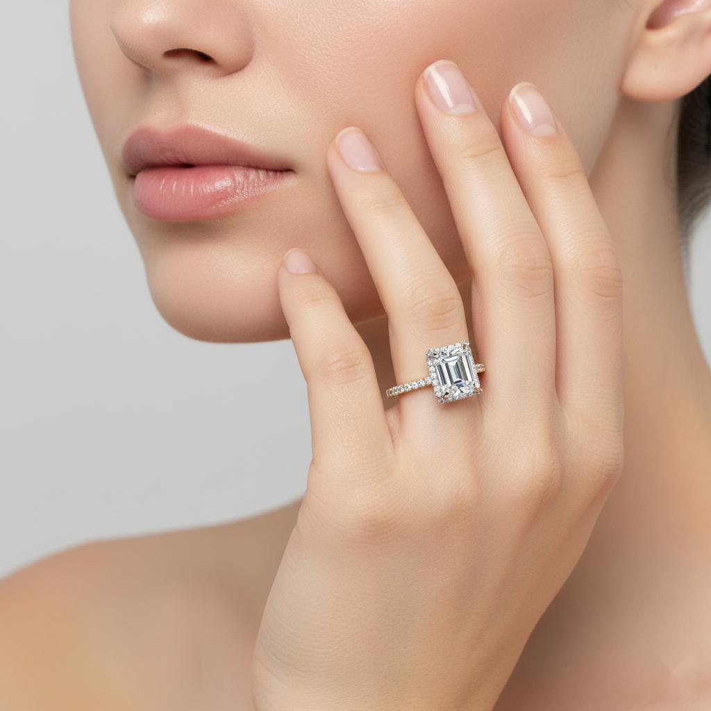 Emerald Halo With Pave Band Engagement Ring