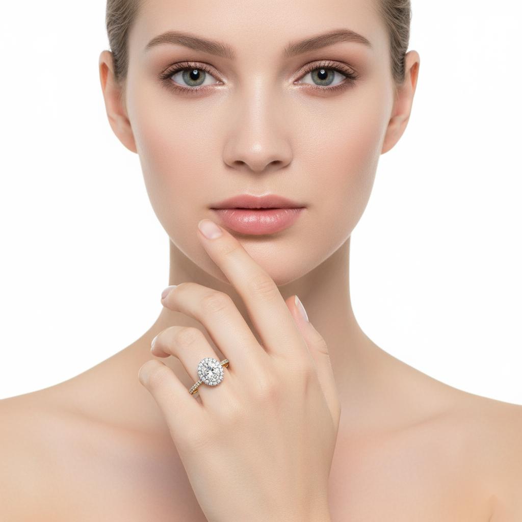 Oval Halo With Pave Band Engagement Ring