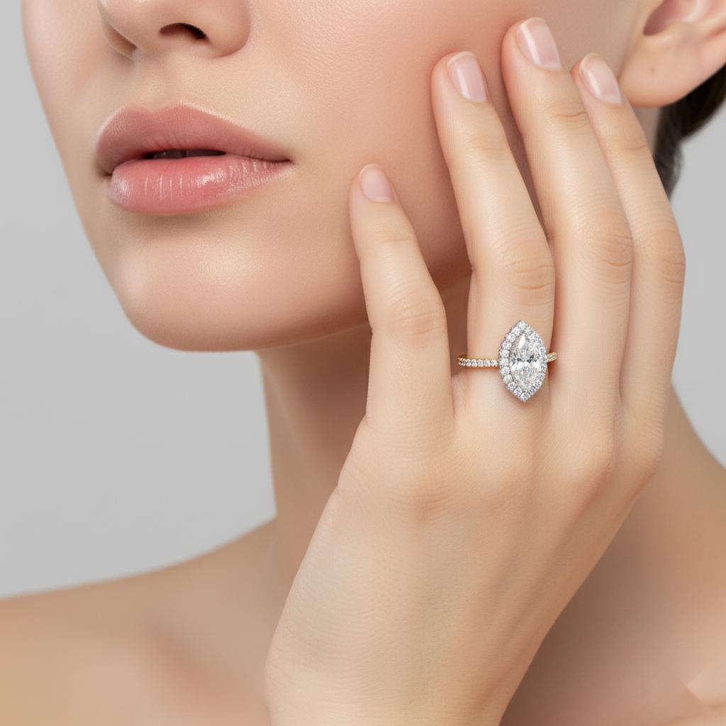 Marquise Halo With Pave Band Engagement Ring