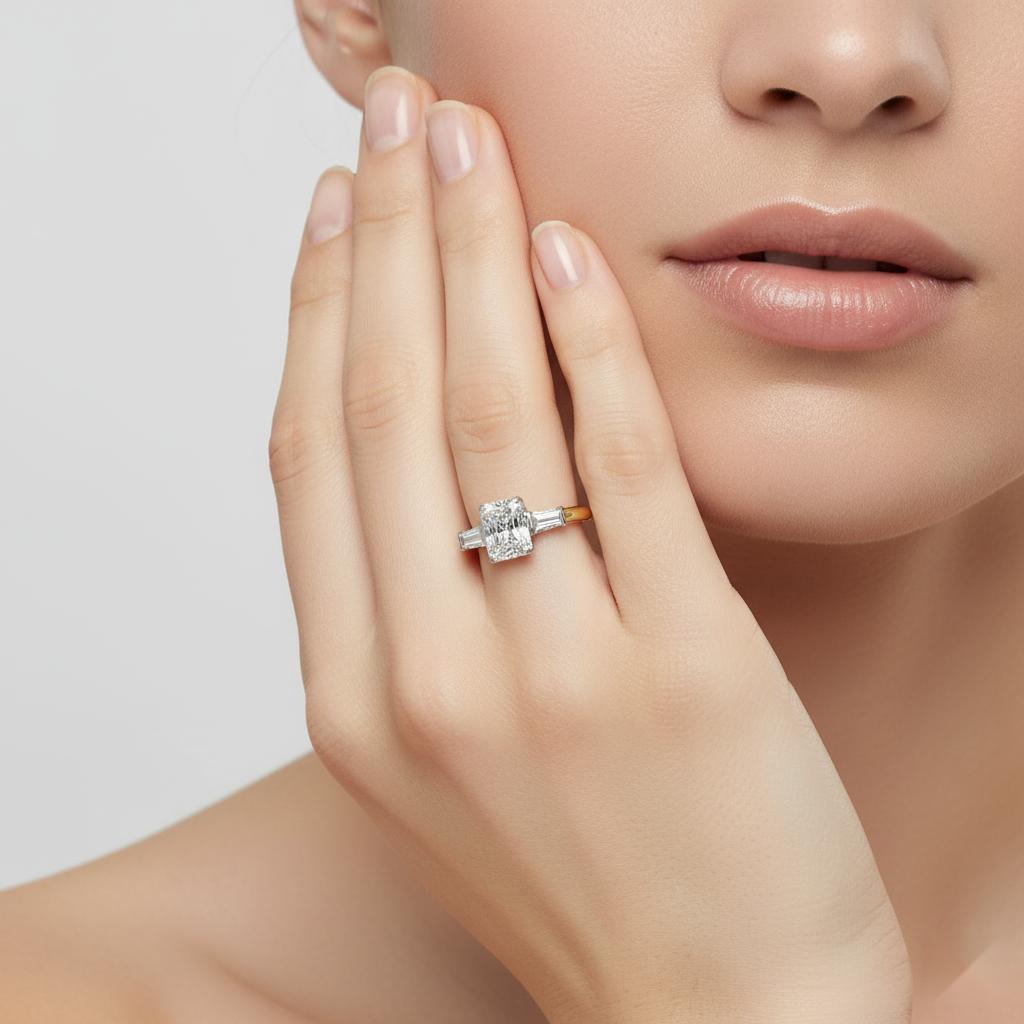 Radiant with Baguette Three Stone Engagement Ring