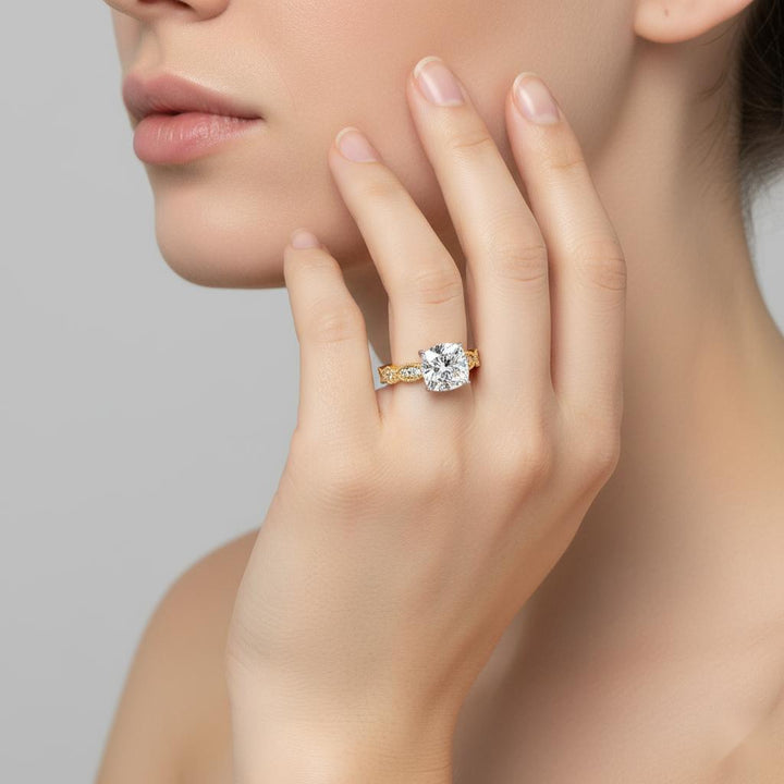 Cushion Cathedral with Milgrain Band Engagement Ring