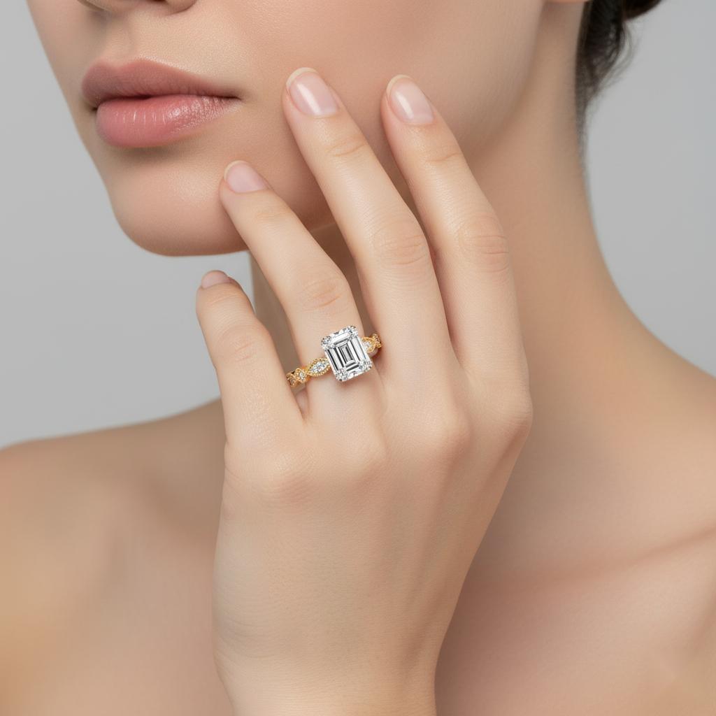 Emerald Cathedral with Milgrain Band Engagement Ring