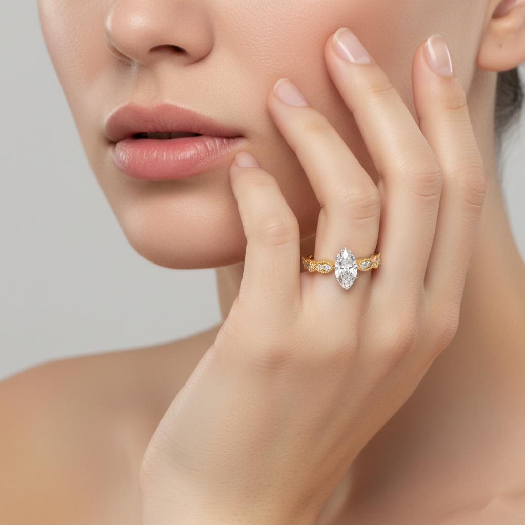 Marquise Cathedral With Milgrain Band Engagement Ring