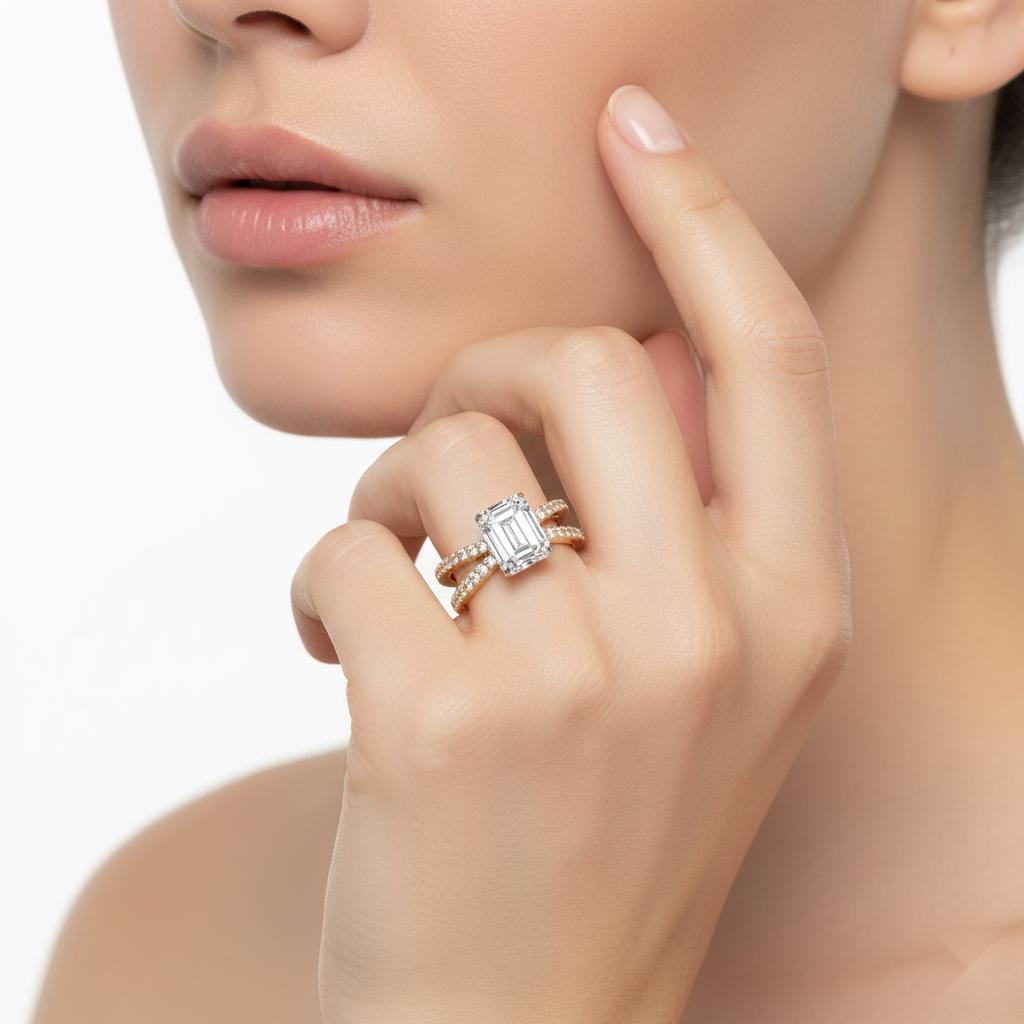 Emerald Hidden Halo With Split Shank Engagement Ring