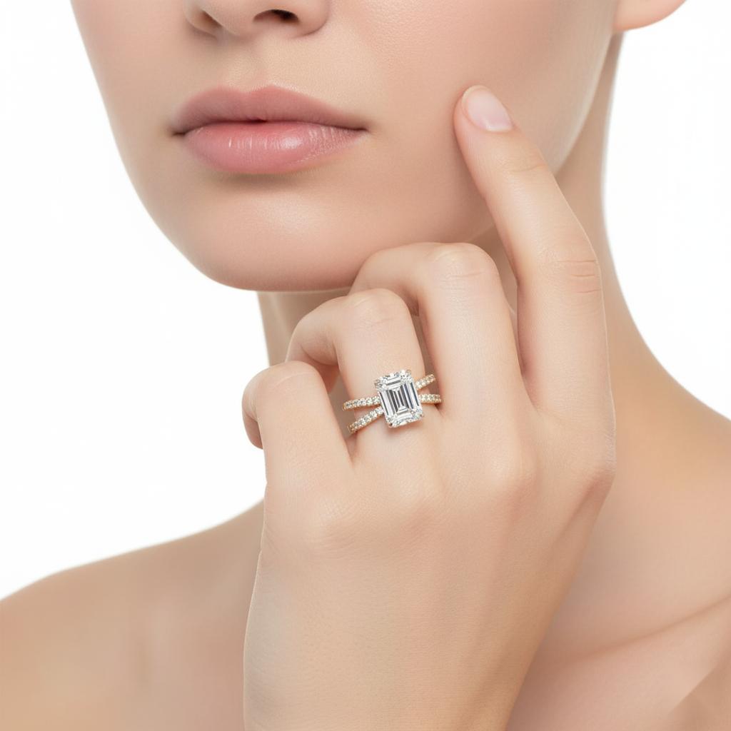 Emerald Split Shank Engagement Ring