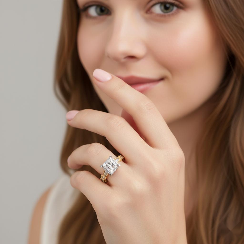 Princess Halo with Milgrain Engagement Ring