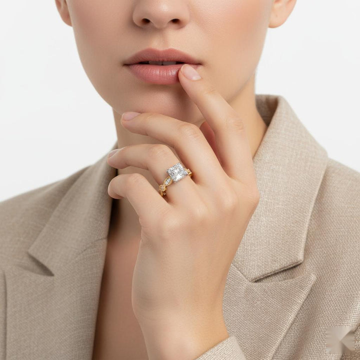 Princess Hidden Halo with Milgrain Band Engagement Ring