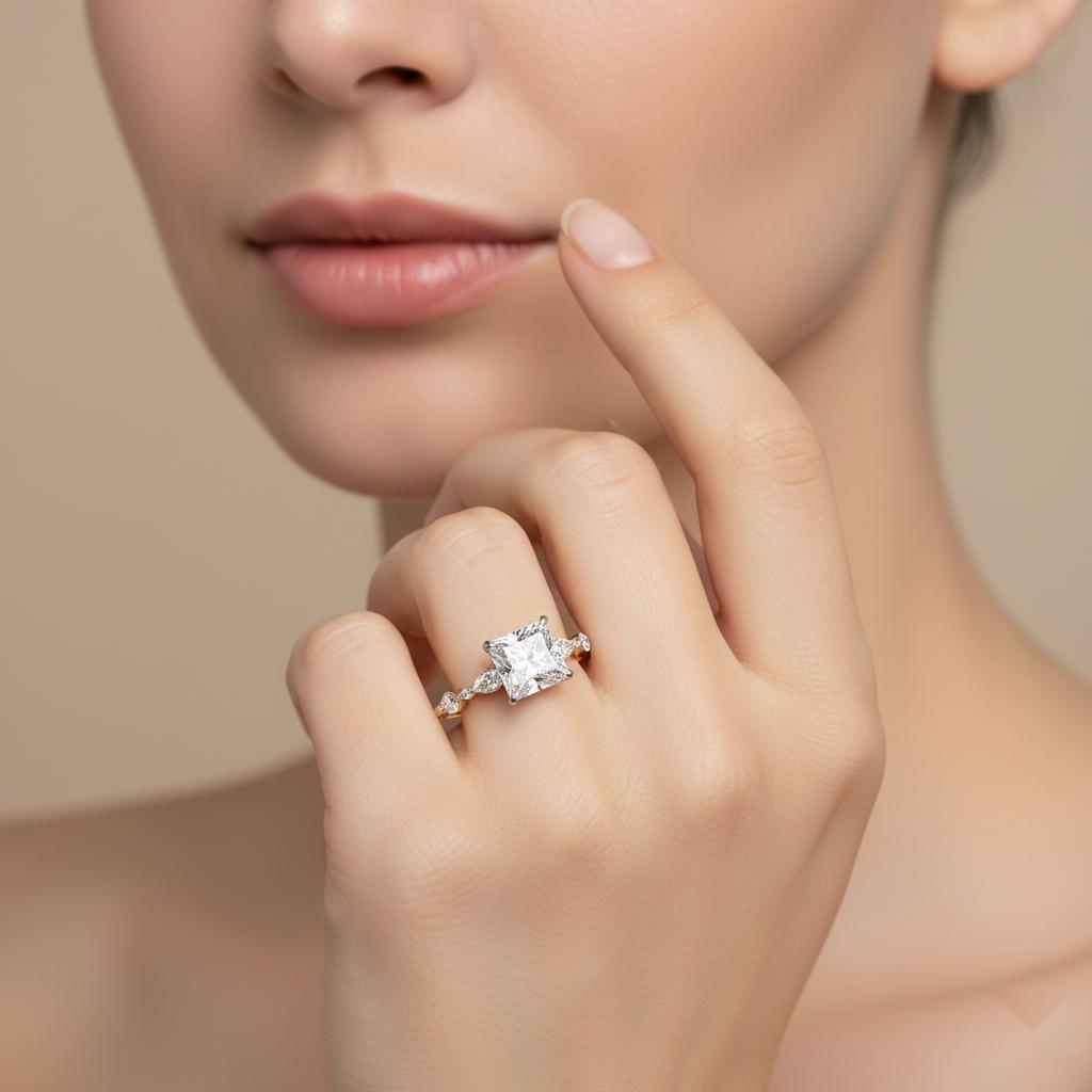 Princess Hidden Halo with Accent Stone Engagement Ring