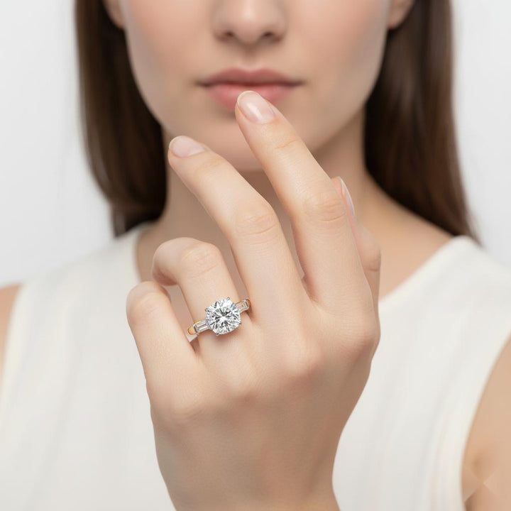 Cushion with Baguette Three Stone Engagement Ring