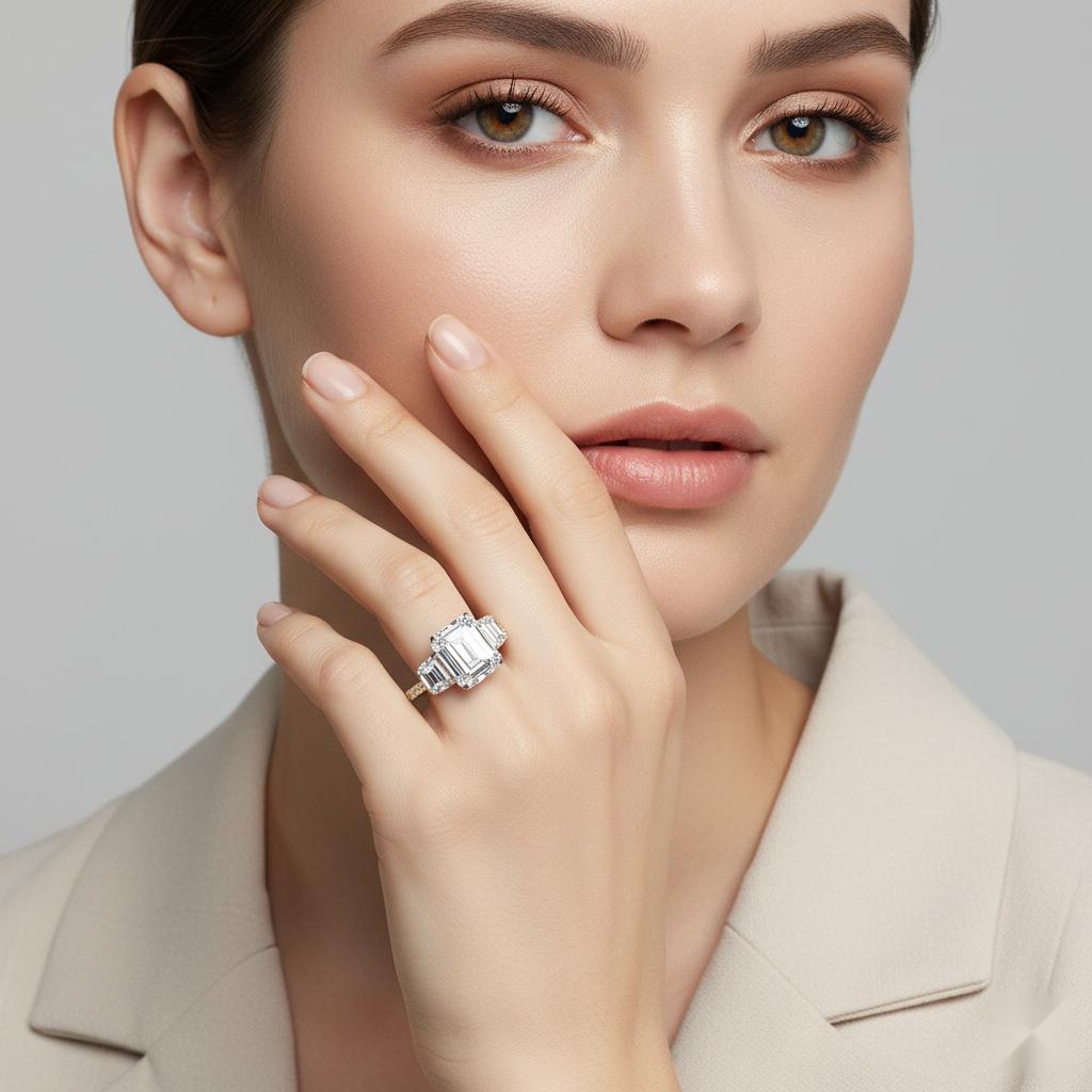 Emerald Three Stone with Accent Engagement Ring