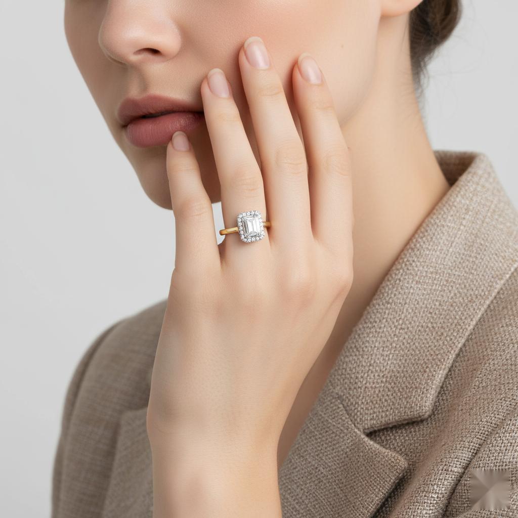 Emerald Halo with Lotus Prong Engagement Ring