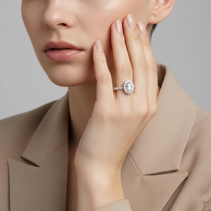 Oval Halo with Shared Prong Band Engagement Ring