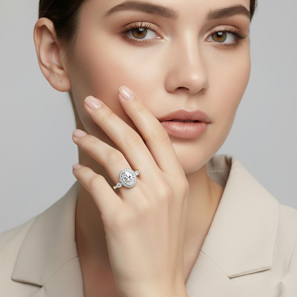 Oval Halo with Three Stone Engagement Ring