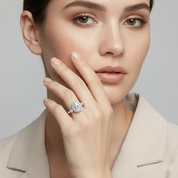 Oval Halo with Three Stone Engagement Ring