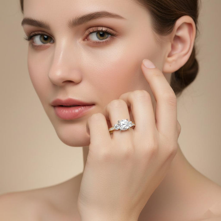 Cushion Three Stone with Studded Shank Engagement Ring