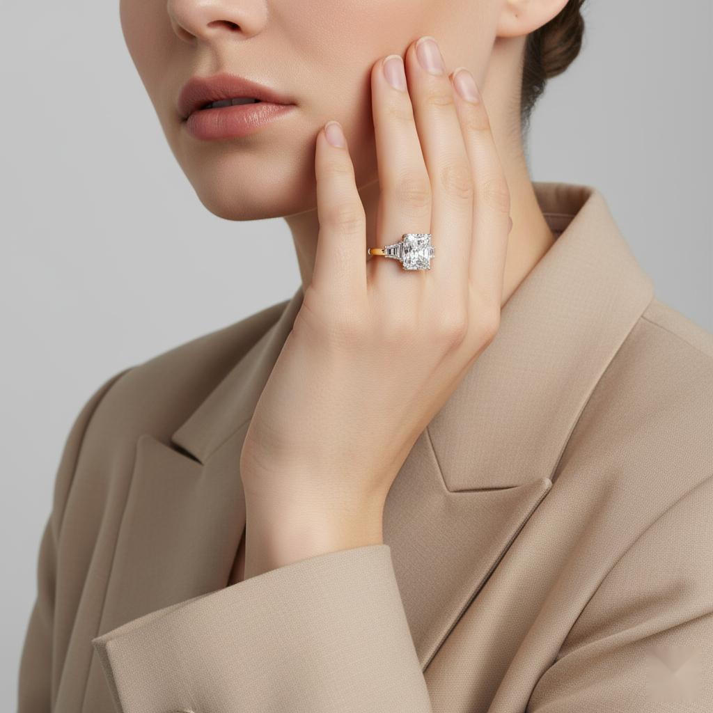 Radiant with Tapered Baguette Three Stone Engagement Ring