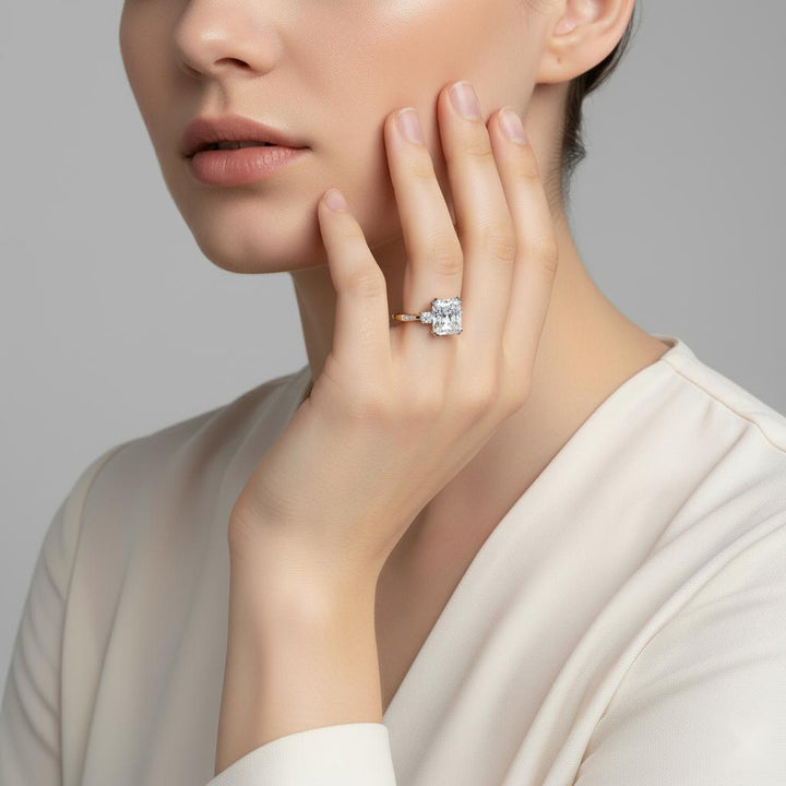 Radiant Hidden Halo with Three Stone Engagement ring