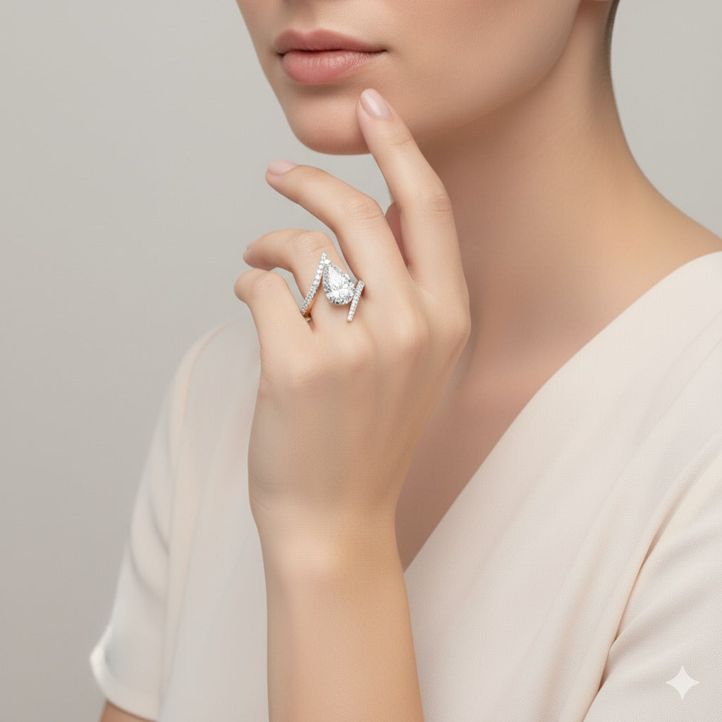 Pear Bypass With Pave Band Engagement Ring