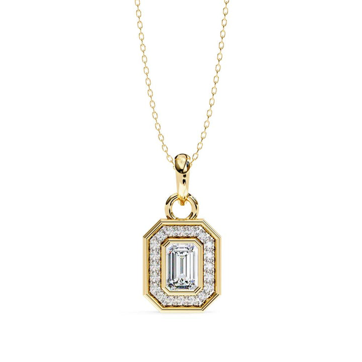 Emerald Bezel Set Halo Pendant With Chain