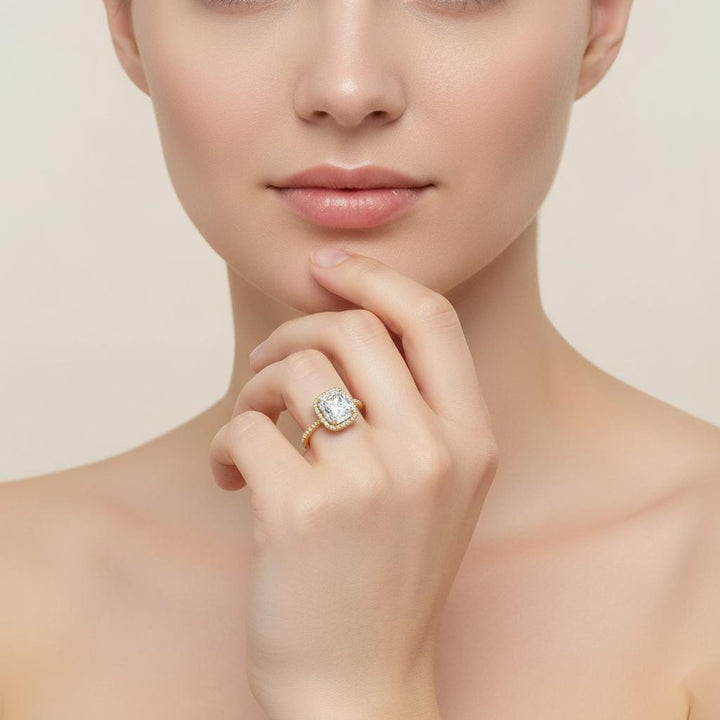 Elongated Cushion Halo With 3 side Micropave Shank Engagement ring