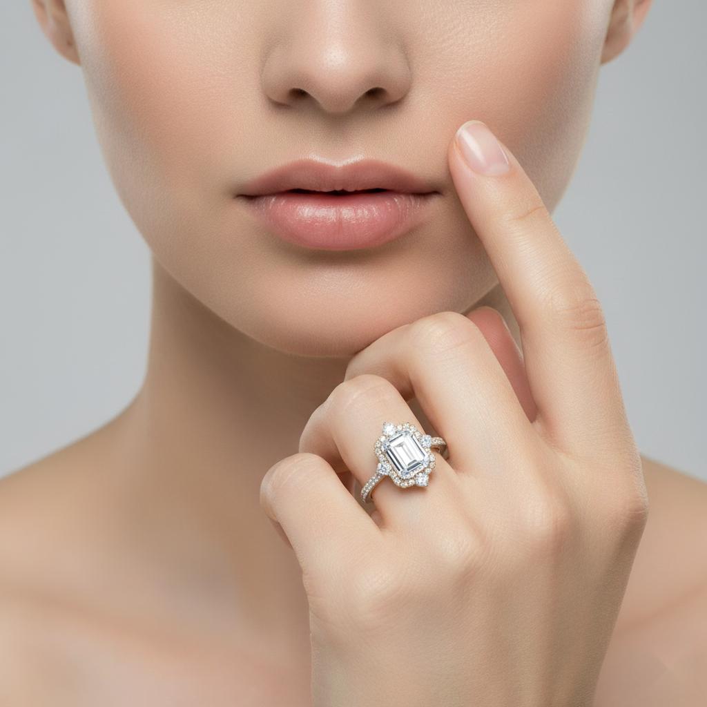 Emerald Fancy Halo With Pave Band Engagement Ring