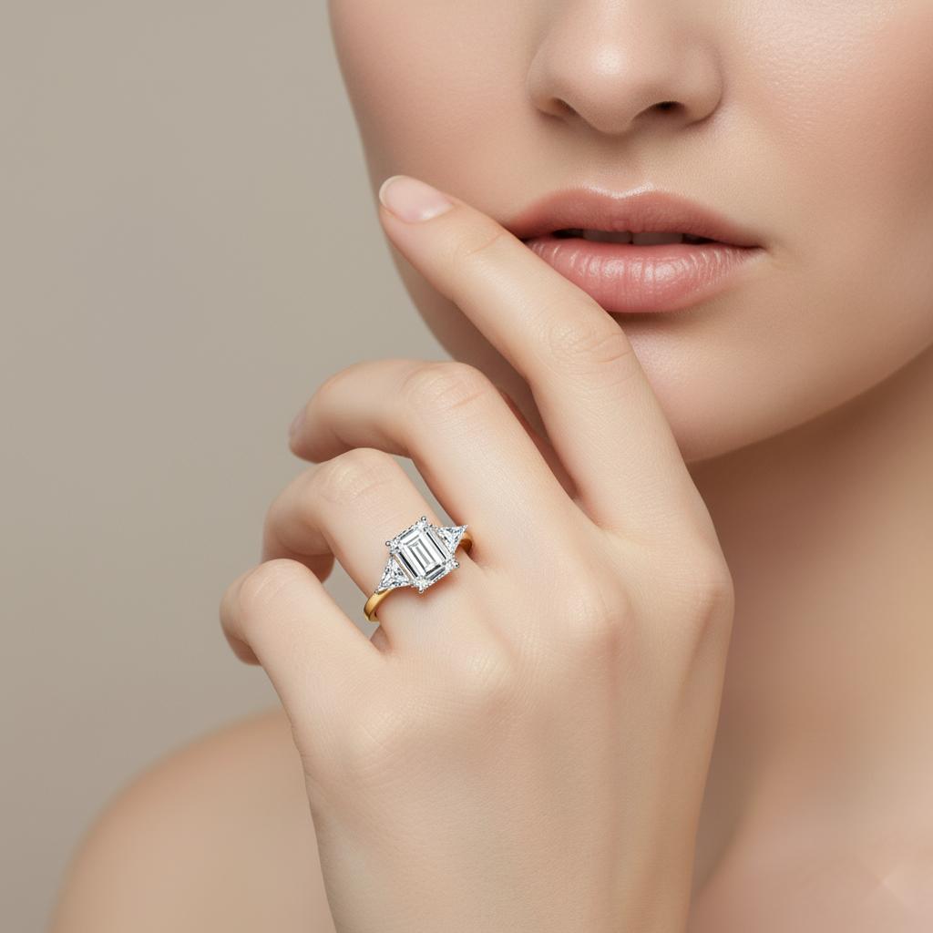 Emerald  With Triangle Three Stone Engagement Ring