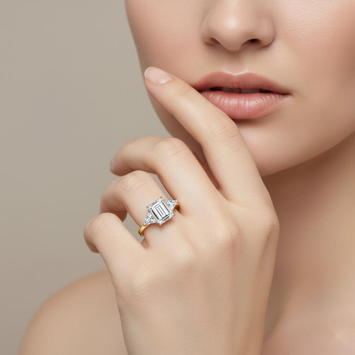 Emerald  With Triangle Three Stone Engagement Ring