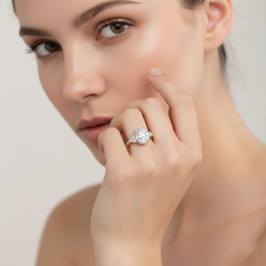 Oval With Triangle Three Stone Engagement Ring