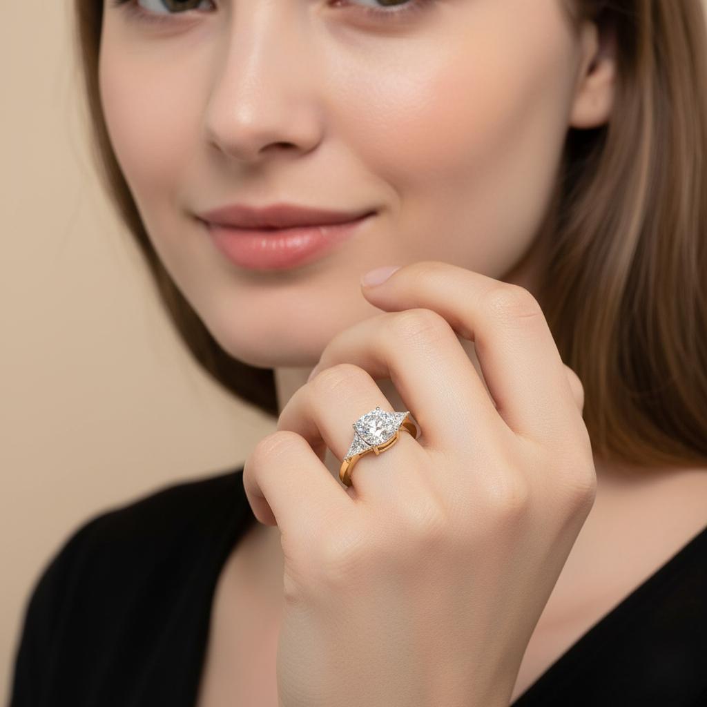 Elongated Cushion With Triangle Three Stone Engagement Ring