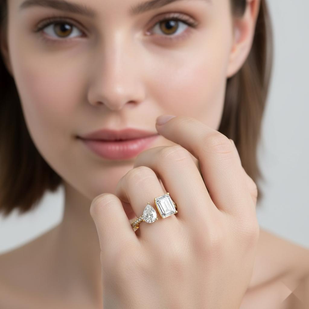 Emerald & Pear With Pave Toi Et Moi Engagement Ring