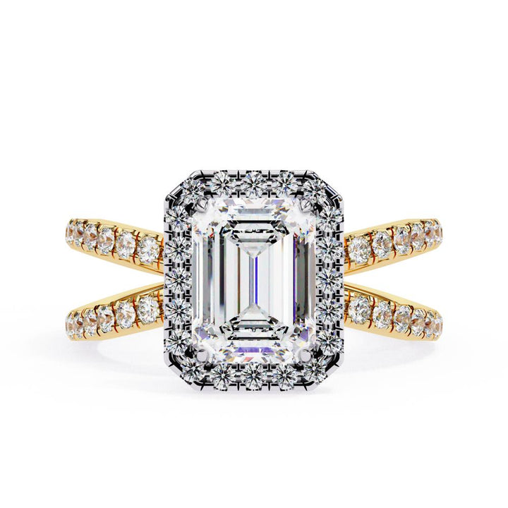 emerald cut halo split shank engagement rings