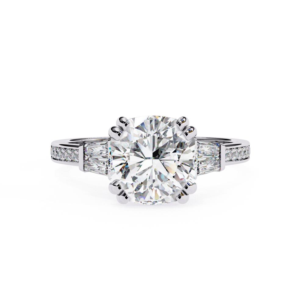 Cushion Double Claw Prong Three Stone Engagement Ring