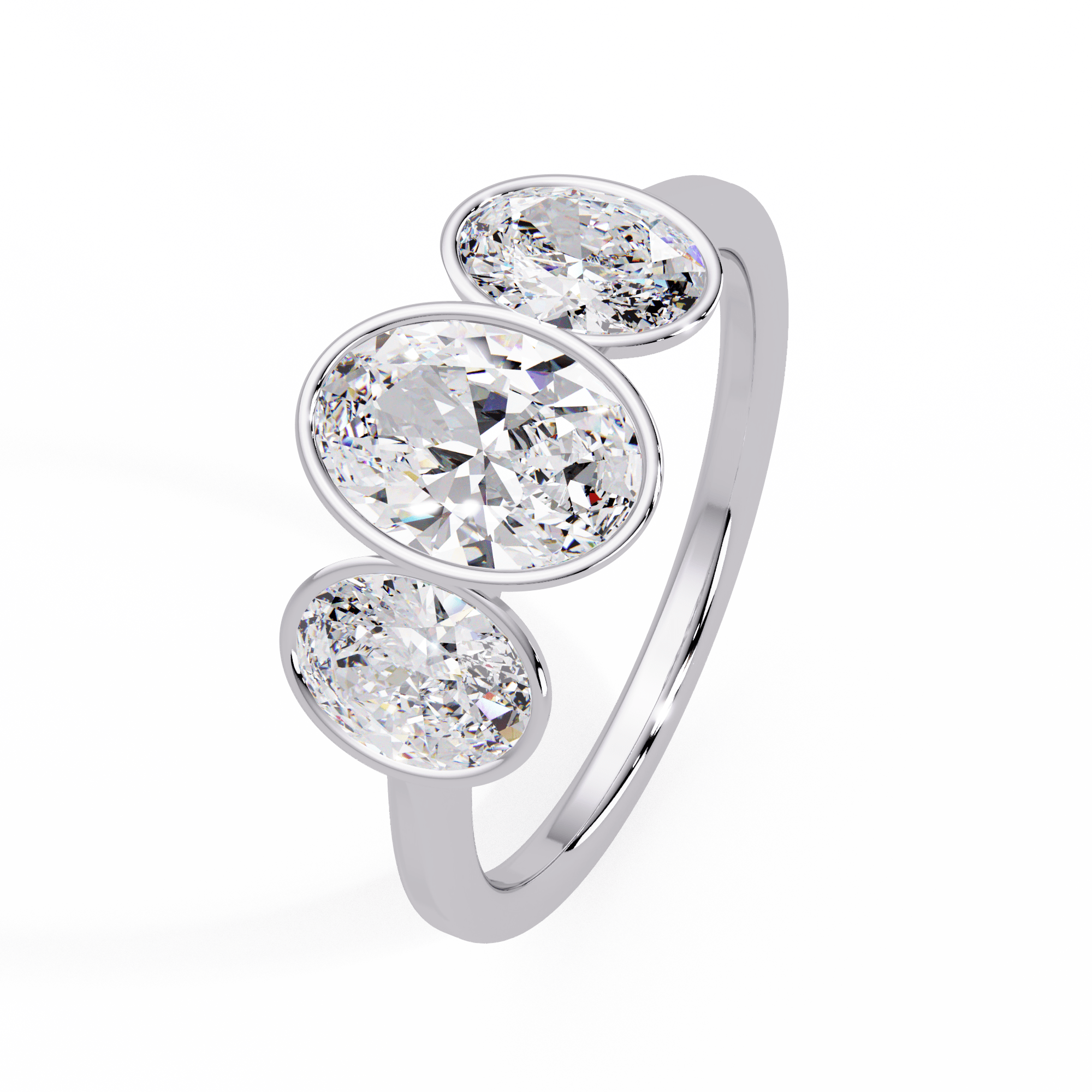 Oval Three Stone Bezel Set Engagement Ring