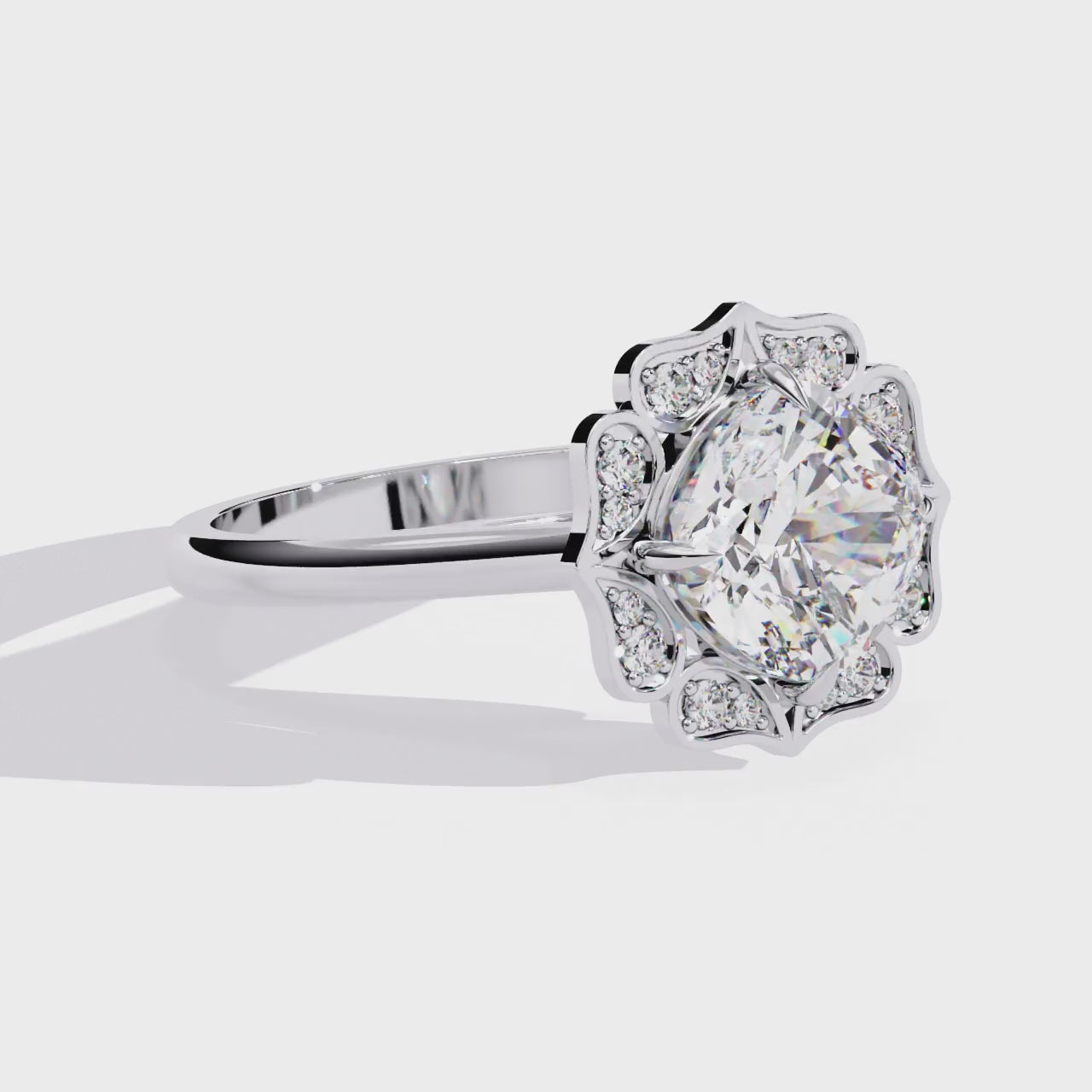 Cushion Vintage Floral Halo Engagement Ring