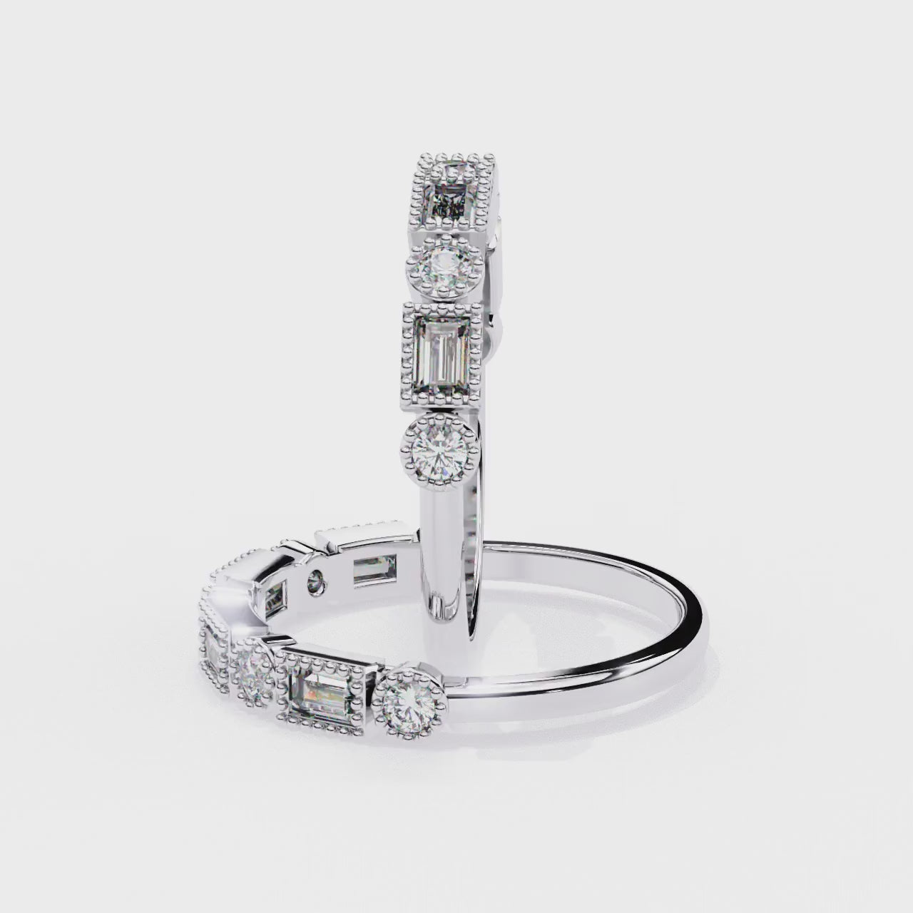 Baguette & Round Half Milgrain Wedding Band