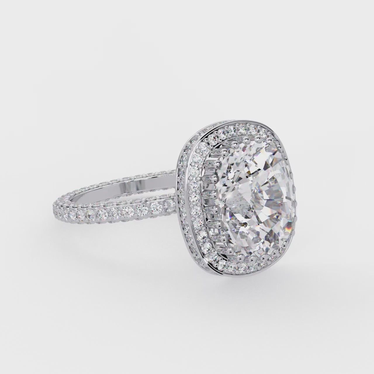 Elongated Cushion Halo With 3 side Micropave Shank Engagement ring