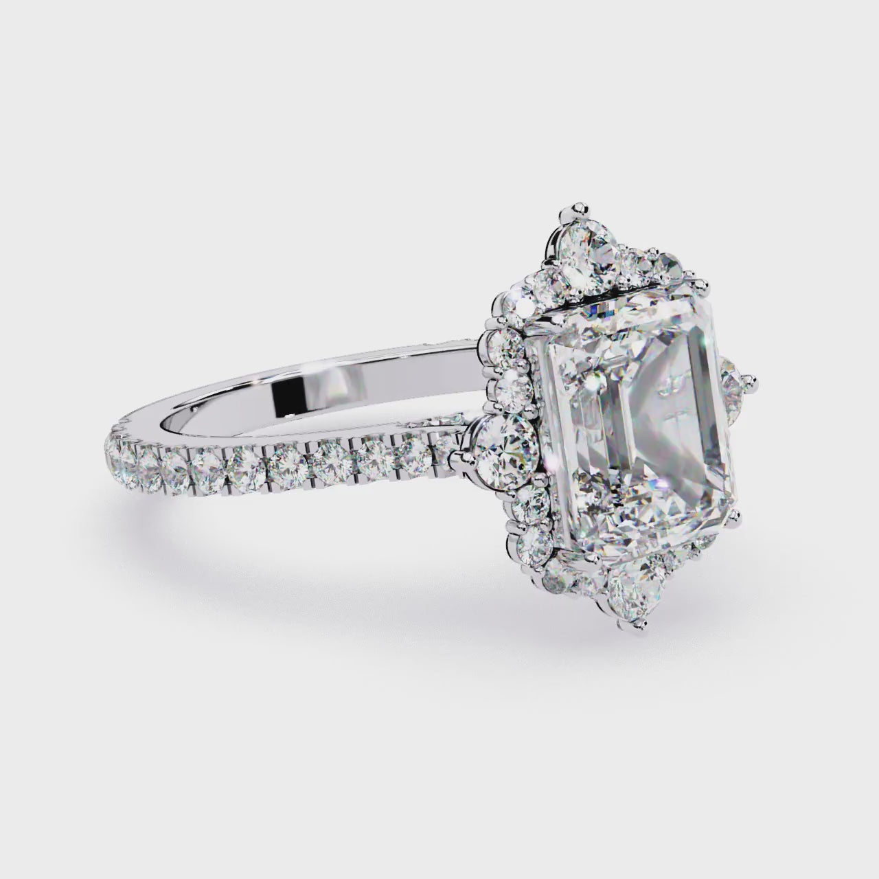 Emerald Fancy Halo With Pave Band Engagement Ring