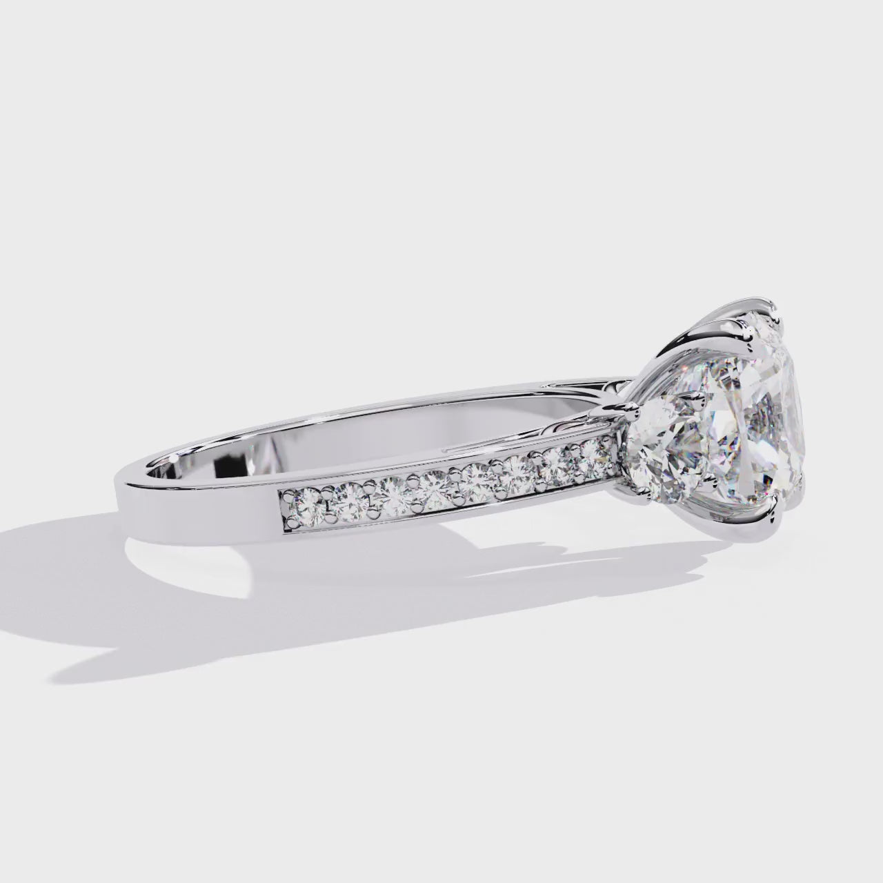 Cushion Three Stone with Studded Shank Engagement Ring