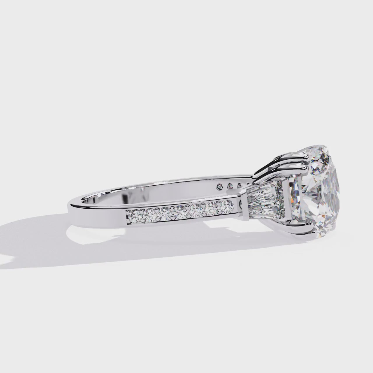 Cushion Double Claw Prong Three Stone Engagement Ring