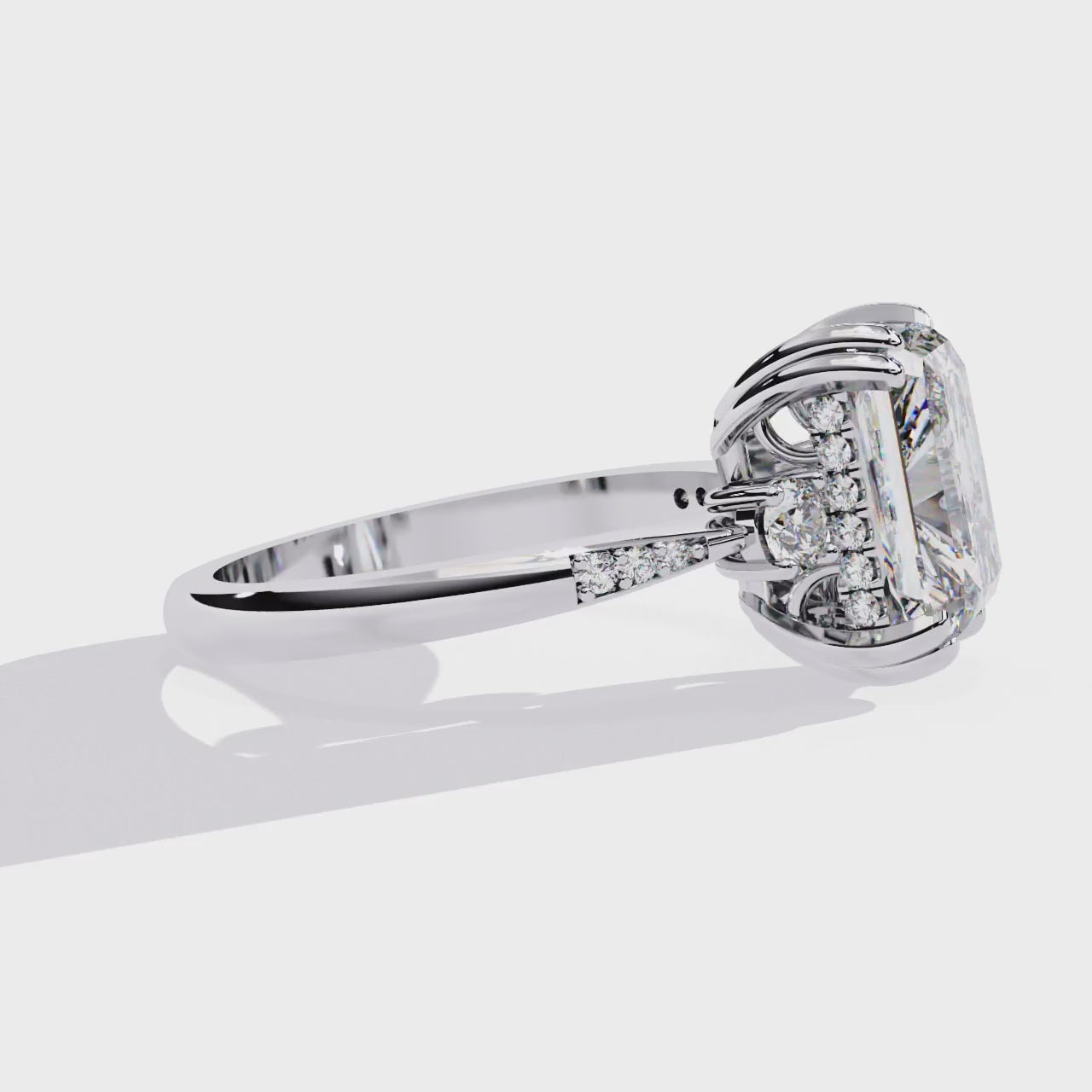 Radiant Hidden Halo with Three Stone Engagement ring