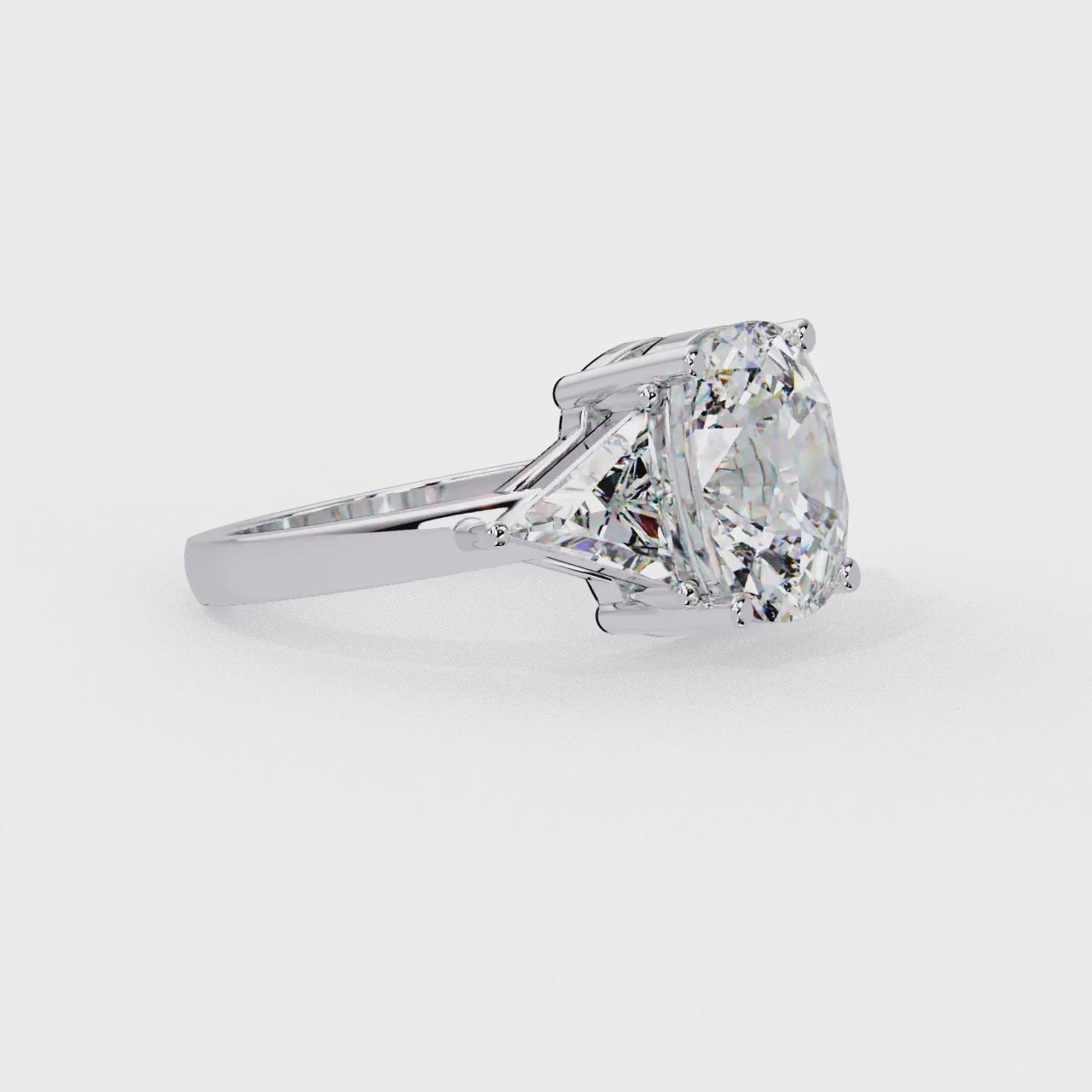 Elongated Cushion With Triangle Three Stone Engagement Ring